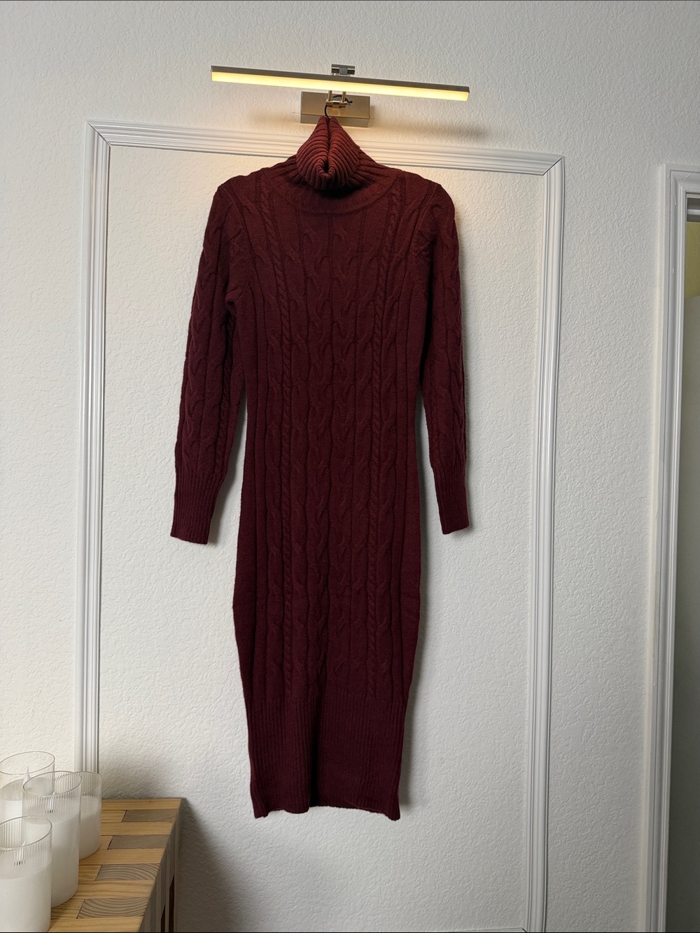 Women's Cable Knit Turtleneck Sweater Dress - Burgundy